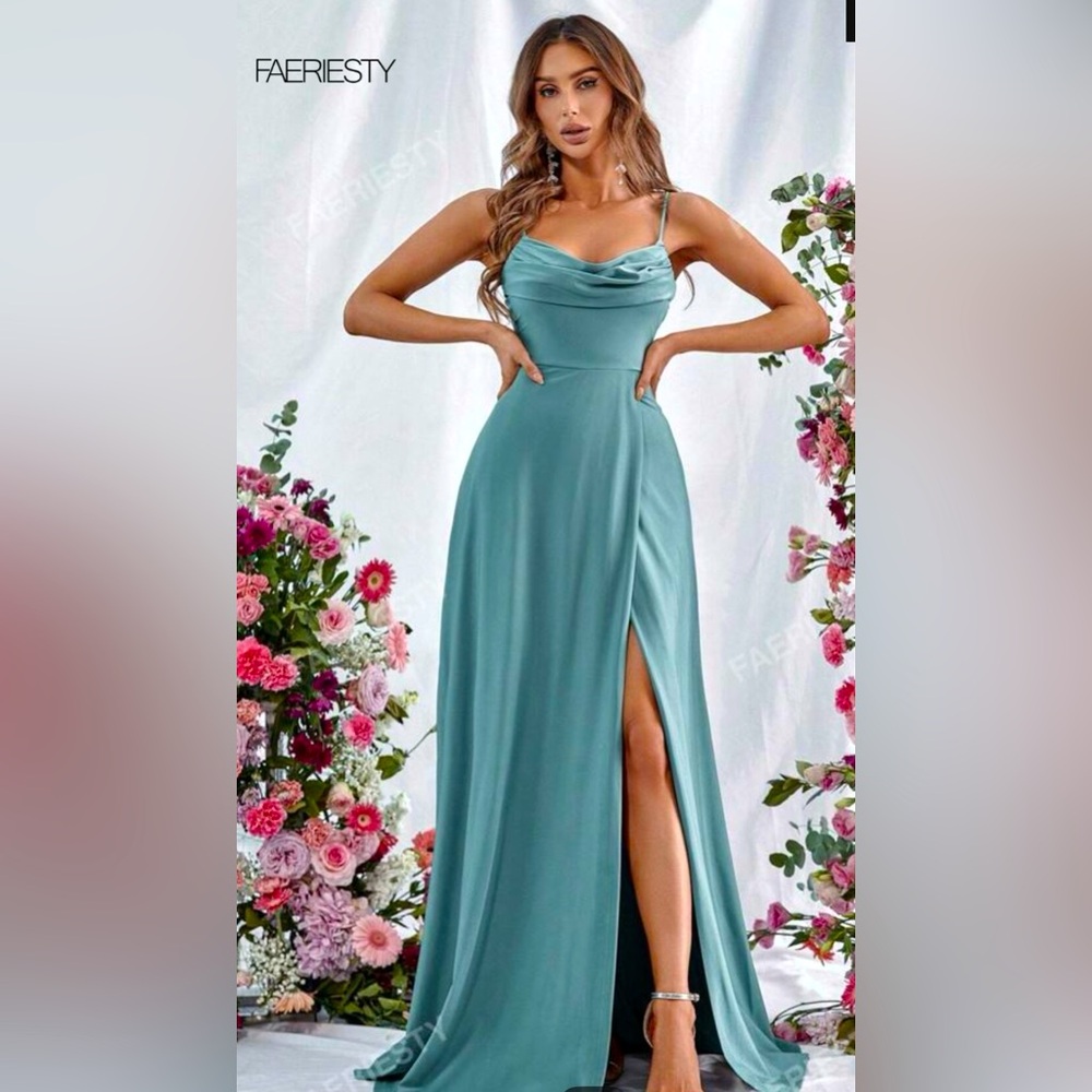 Cowl Neck Teal Dress With Slit